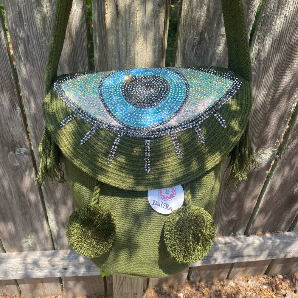 Wayuu crossbody evil eye bucket bag with crystals